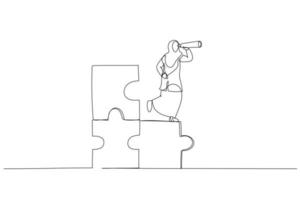 Drawing of muslim businesswoman standing on uncompleted jigsaw looking for missing piece. Finding solution concept. Single line art style vector