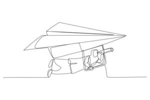 Cartoon of muslim businesswoman flying paper airplane origami as glider with telescope to see future. Future forecast or discover new idea and inspiration concept. Single continuous line art style vector