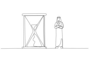 Cartoon of arab businessman standing and looking at hourglass while time goes by. Patience concept. Continuous line art vector