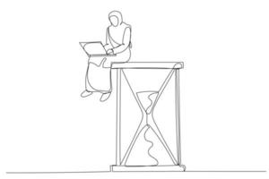 Illustration of muslim businesswoman sitting on the hourglass with laptop legs crossed. Time management and procrastination concept. One line style art vector