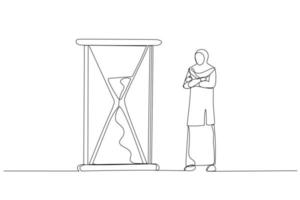 Cartoon of muslim businesswoman standing and looking at hourglass while time goes by. Patience concept. Continuous line art vector