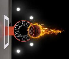 3D render of fiery basketball ball flying to hoop on black background photo