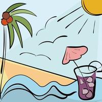 Summer background with palm tree, sea and cocktail. Recreation, tourism. vector