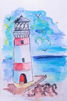 Lighthouse on coast of sea. Hand drawn beacon. Watercolor sketch. photo