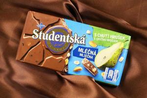 Ternopil, Ukraine - April 24, 2022 Studentska chocolate bar is a popular Czech chocolate manufacturing by Orion, part of Nestle company photo