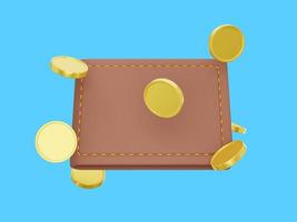 Icon savings, enrichment. Payment concept. Closed wallet with flying coins on blue background. 3d rendering. photo