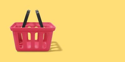 Empty red shopping basket. Plastic basket on yellow background with space for text. 3D rendering. photo