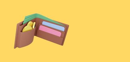 Open wallet with coins, bills and credit cards floating on yellow background, space for text banner. 3d rendering photo