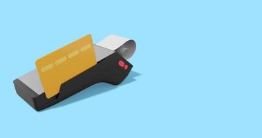 Device for NFC pay. Gray black POS terminal with credit card and check. Modern machine for cashless payment. 3D rendering on the blue background, banner with space for text. photo