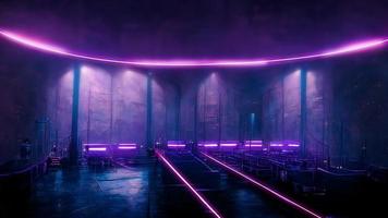 Futuristic Sci-Fi Modern Empty Stage Reflective Concrete Room With Purple And Blue Glowing Neon Tubes Shape Empty Space Wallpaper Background photo