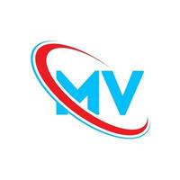 MV logo. MV design. Blue and red MV letter. MV letter logo design. Initial letter MV linked circle uppercase monogram logo. vector