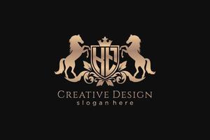 initial KT Retro golden crest with shield and two horses, badge template with scrolls and royal crown - perfect for luxurious branding projects vector