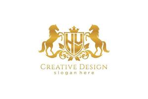 initial KV Retro golden crest with shield and two horses, badge template with scrolls and royal crown - perfect for luxurious branding projects vector