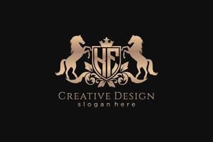 initial KF Retro golden crest with shield and two horses, badge template with scrolls and royal crown - perfect for luxurious branding projects vector