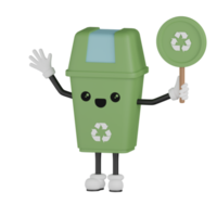 Personaje de dibujos animados de bote de basura verde aislado 3d png