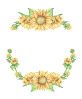 Sunflower frame, Flower wreath. Watercolor illustration.