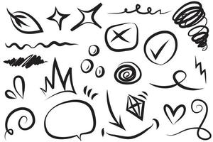 Hand drawn set elements, Abstract arrows, ribbons, hearts, stars, crowns and other elements in a hand drawn style for concept designs. Scribble illustration. Vector illustration.