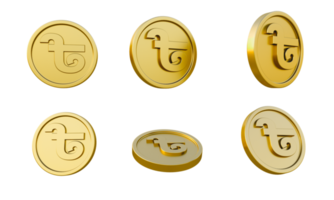 ensemble de pièces d'or avec illustration 3d du signe ou du symbole monétaire taka bangladeshi, rendu 3d minimal. png