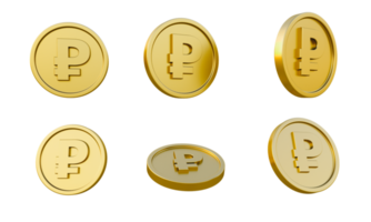 Set of gold coins with russian ruble currency sign or symbol 3d illustration, minimal 3d render. png