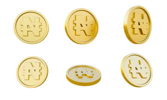 conjunto de moedas de ouro com sinal de moeda naira ou ilustração 3d símbolo, renderização 3d mínima. png