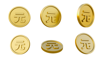 Set of gold coins Hong Kong dollar and Chinese yuan sign 3d illustration, minimal 3d render illustration png