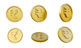 Set of gold coins with indian rupee sign 3d illustration, minimal 3d render illustration png