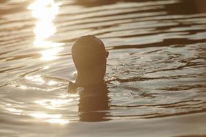 triathlete swimmer having a break during hard training photo