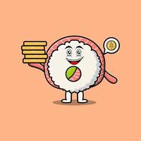Cute cartoon sushi holding in stacked gold coin vector