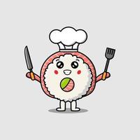 personaje de chef de sushi de dibujos animados lindo con cuchillo y espátula vector