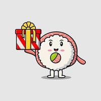 Cute cartoon sushi character holding gift box vector