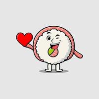 Cute cartoon sushi character holding big red heart vector