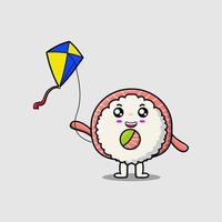 Cute cartoon sushi character playing kite flaying vector