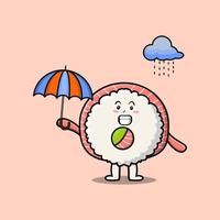 Cute cartoon sushi in the rain and using umbrella vector