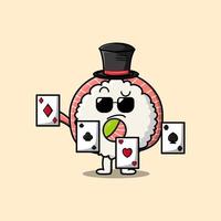 Cute cartoon sushi magician playing magic card vector