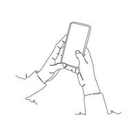 continuous line drawing of person holding smartphone, hand holding smartphone vector