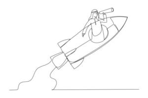 Drawing of arab businessman manager open rocket window using telescope looking forward. Entrepreneurship, leadership to see future vision. Single continuous line art vector