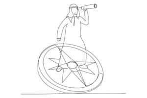 Drawing of arab businessman standing on compass showing direction. Symbol of strategy, future vision. Single line art style vector