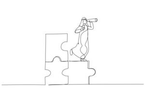 Drawing of arab businessman standing on uncompleted jigsaw looking for missing piece. Finding solution concept. Single line art style vector