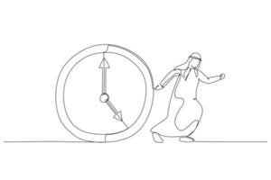 Drawing of arab business man run from the clocks. Single line art style vector