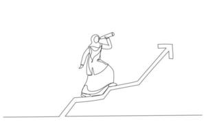 Drawing of muslim businesswoman team manager using telescope to see future standing on top of rising arrow market graph. Investor fortune or profit growth. Single line art style vector