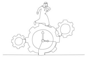 Illustration of arab businessman run along gear in form of clock. Time control concept. One line art style vector