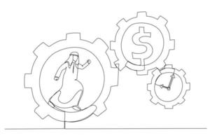 Drawing of arab businessman running with full effort inside gear cogs. Effort and time resulted money concept. Single line art style vector