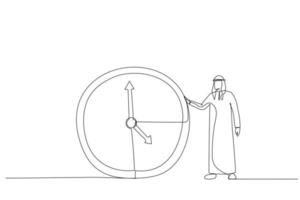 Drawing of arab businessman or manager is standing near a big clock. Time management concept. Single line art style vector