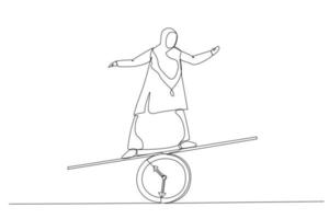 Illustration of muslim businesswoman investor holding money big and small coin on clock seesaw. Time value of money concept. One line style art vector