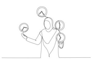 Illustration of muslim business woman successfully juggling managing time . Successful time management metaphor. One line art style vector