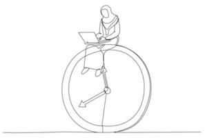 Drawing of muslim businesswoman using computer laptop sitting on clock working. After hours worker, working late overtime concept. Single continuous line art vector