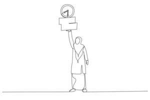 Drawing of muslim businesswoman working with laptop while carrying load of paperwork. Ability to work under pressure. Single line art style vector