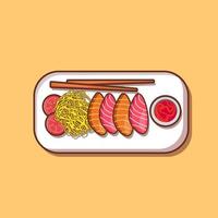 trozo de salmón, tomate, con palillos y fideos ilustración y vector