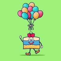 Cake character with balloon for birthday card design vector