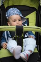 baby boy sitting in the pram photo